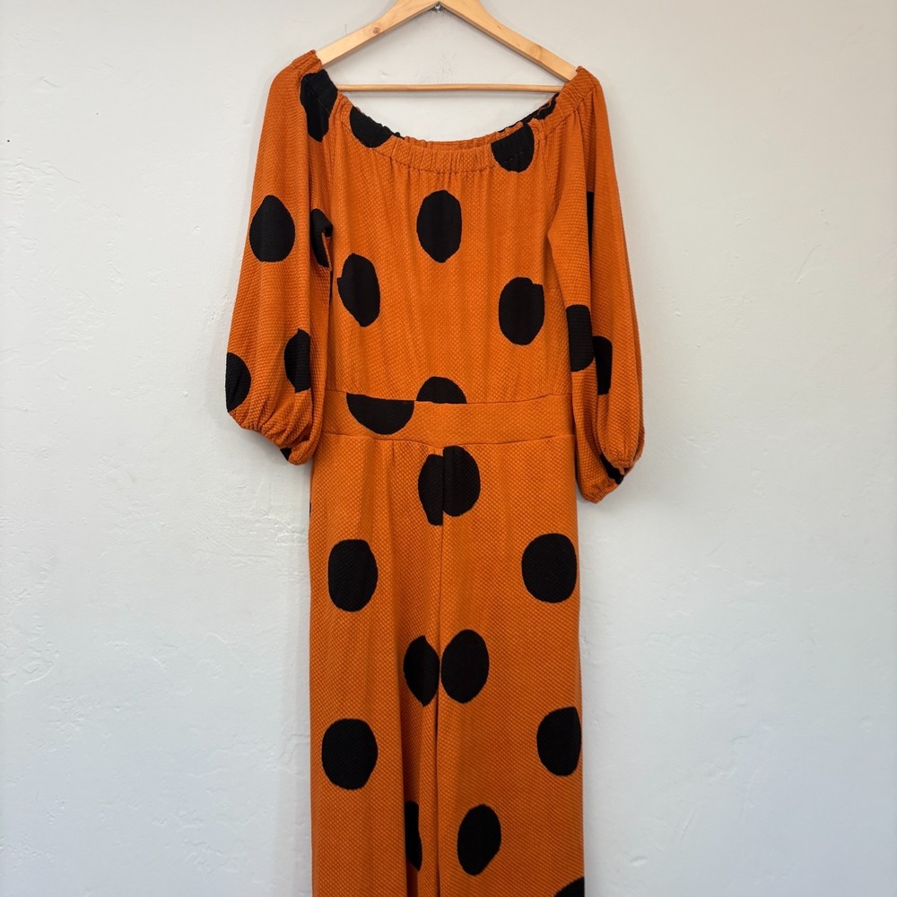 Farm Rio Anthropologie Polka Dot Wide Leg Jumpsuit Medium Orange Black New FLAW - Picture 2 of 16